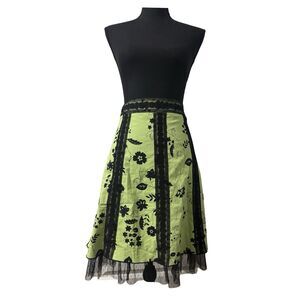 Green Black Floral Lace Y2K Cottagecore Fairy Whimsy Goth Lolita Midi Skirt 12 L